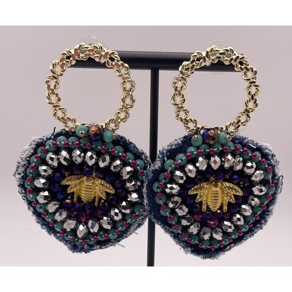 Unbranded Jewelry - Unique Handcrafted MultiColor Beaded Gold Tone Bee Denim Statement Earrings